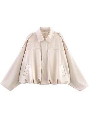 Women's Beige Faux Suede Batwing Sleeve Oversized Cropped Bomber Jacket
